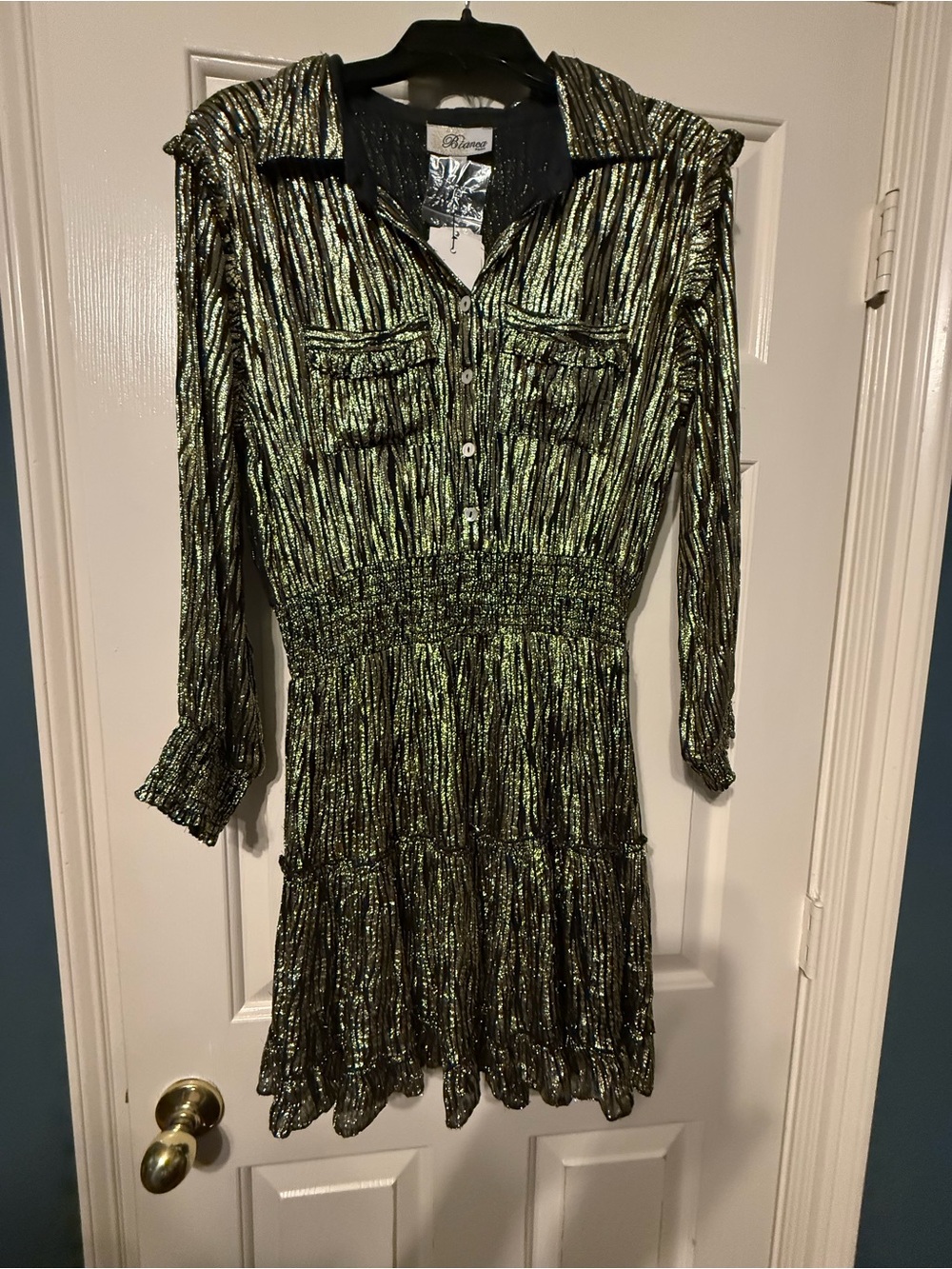 Size 12 Black & Gold Metallic Shirred Waist Dress